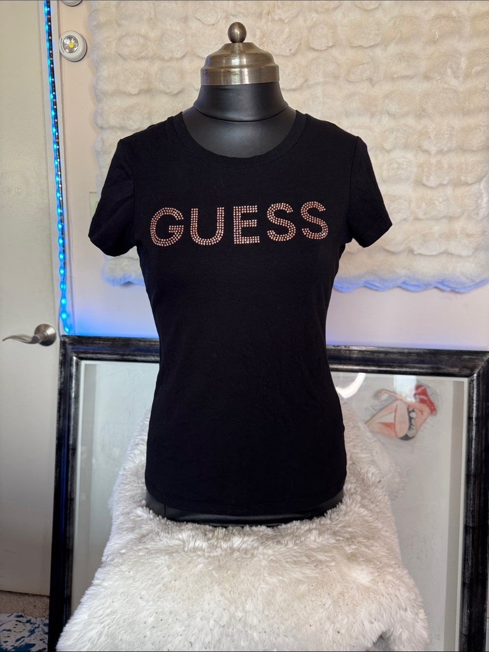 GUESS Black Short-Sleeve Logo Tee with Rose Gold Studs